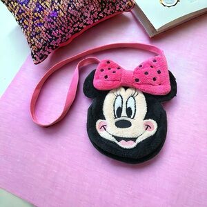 Disney Store Minnie Mouse Head Small Purse Shoulder Bag Fleece Pink Bow